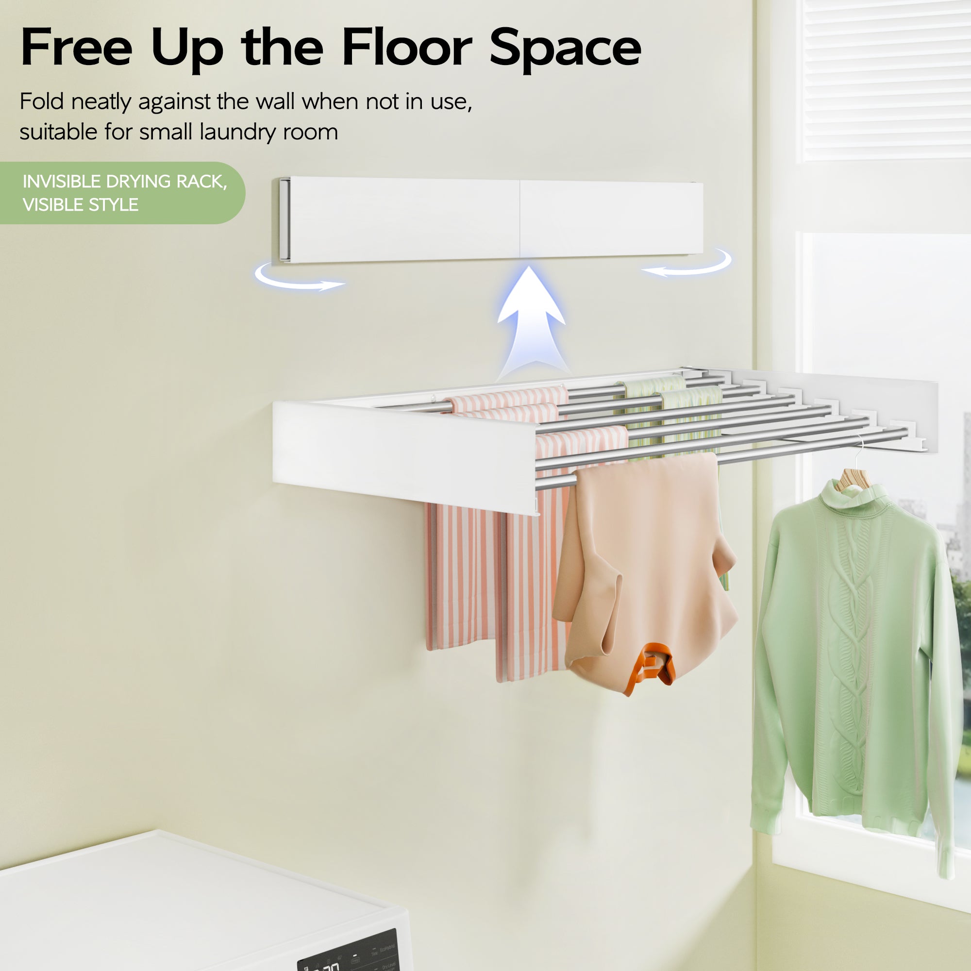 Wall Mounted Clothes Drying Rack 40 inches, Foldable Wall Mount Laundry Rack Folding Indoor, Drying Rack Clothing Collapsible, Hidden Space Saver with Wall Template, 6 Rods, White