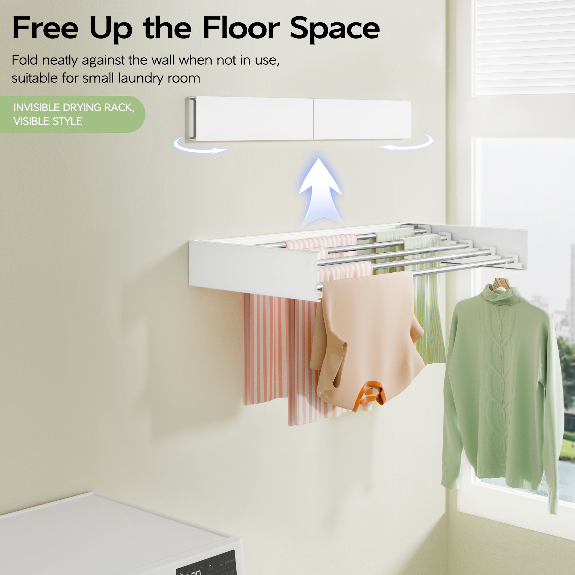 Wall Mounted Clothes Drying Rack 32", Foldable Wall Mount Laundry Rack Folding Indoor, Drying Rack Clothing Collapsible, Hidden Space Saver with Wall Template, 5 Rods, White