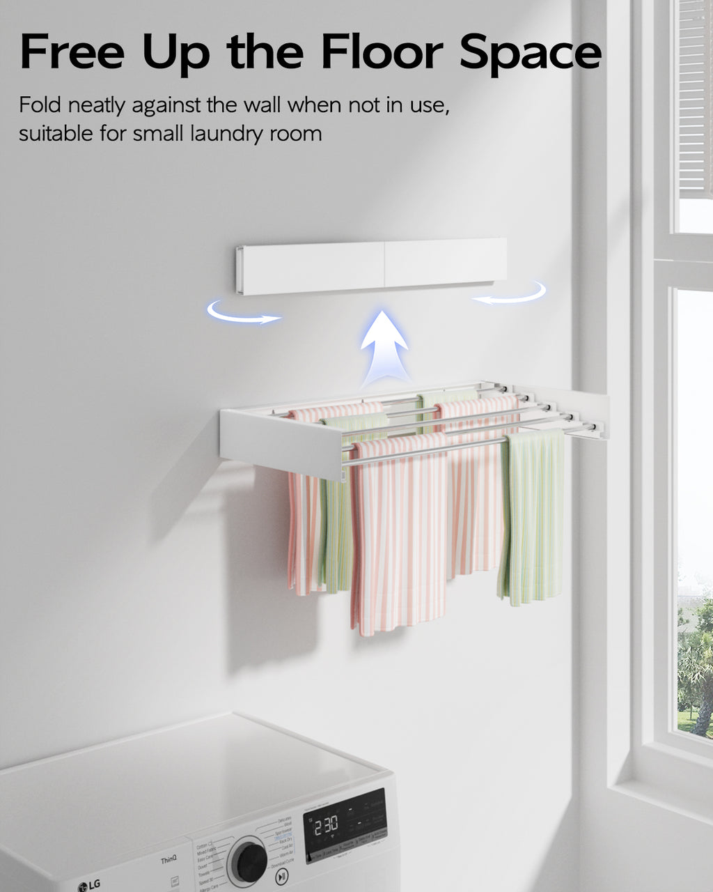 Wall Mounted Clothes Drying Rack 23.6", Foldable Wall Mount Laundry Rack Folding Indoor, Drying Rack Clothing Collapsible, Hidden Space Saver with Wall Template, 5 Rods, White