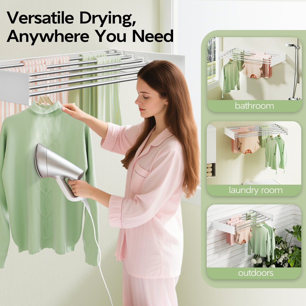 Wall Mounted Clothes Drying Rack 40 inches, Foldable Wall Mount Laundry Rack Folding Indoor, Drying Rack Clothing Collapsible, Hidden Space Saver with Wall Template, 6 Rods, White