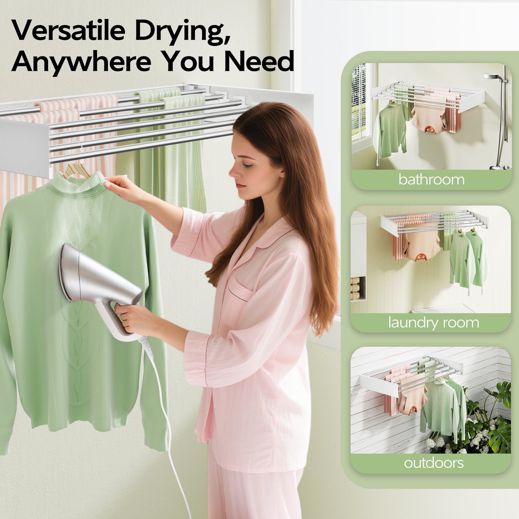 Wall Mounted Clothes Drying Rack 40 inches, Foldable Wall Mount Laundry Rack Folding Indoor, Drying Rack Clothing Collapsible, Hidden Space Saver with Wall Template, 6 Rods, White