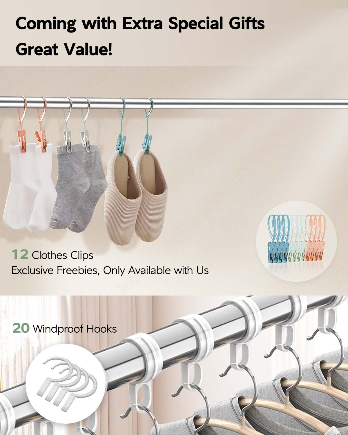 Clothes Drying Rack 79 Inches Folding Indoor Outdoor, Drying Rack Clothing Collapsible, Foldable Laundry Drying Rack, Heavy Duty Stainless Steel Clothesline, Garmet Rack, 20 Hooks 12 Clips