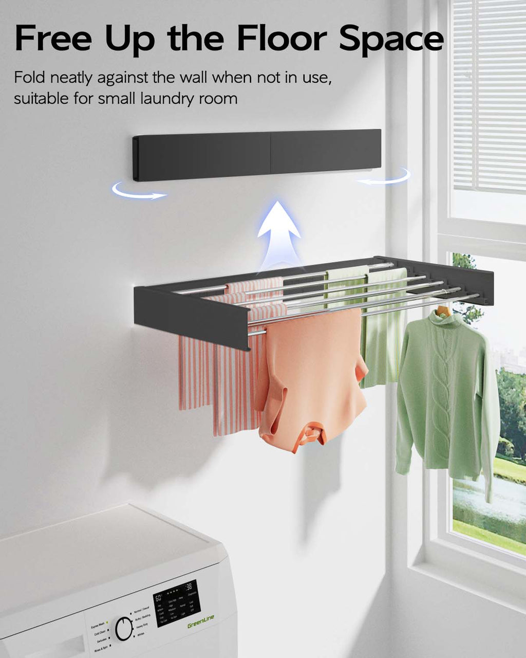 Wall Mounted Clothes Drying Rack 40", Foldable Wall Mount Laundry Rack Folding Indoor, Drying Rack Clothing Collapsible, Hidden Space Saver with Wall Template, 6 Rods, Black