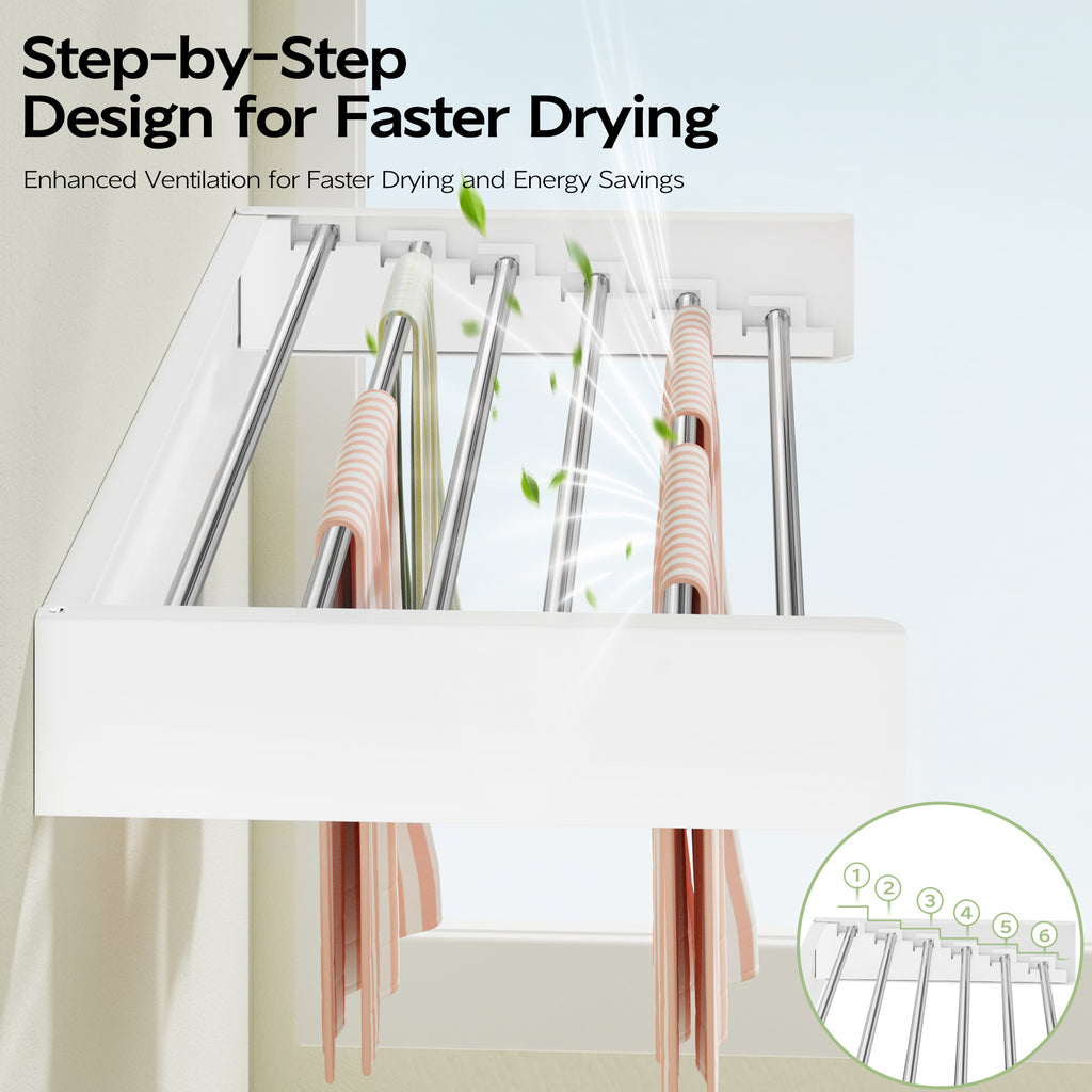 Wall Mounted Clothes Drying Rack 40 inches, Foldable Wall Mount Laundry Rack Folding Indoor, Drying Rack Clothing Collapsible, Hidden Space Saver with Wall Template, 6 Rods, White