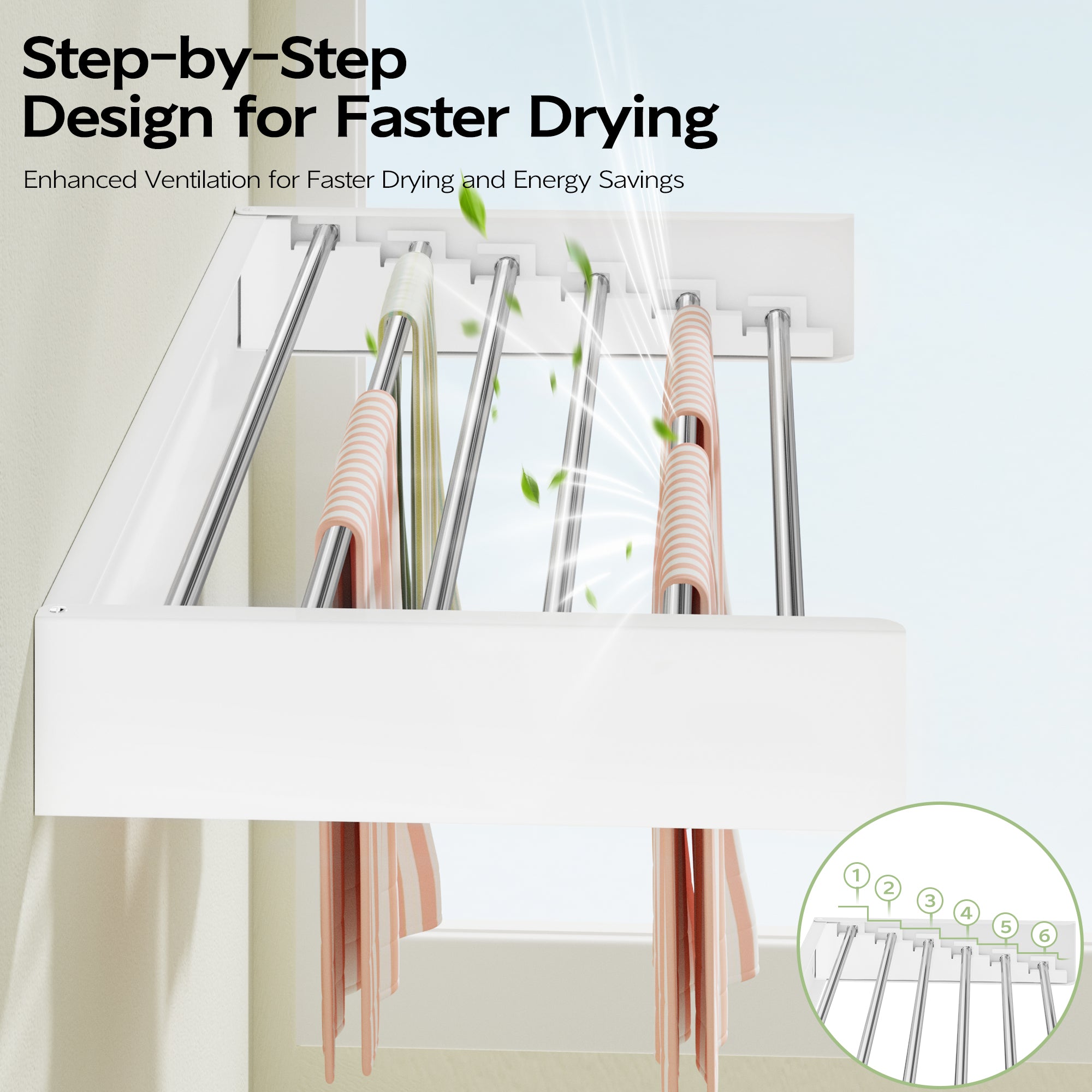 Wall Mounted Clothes Drying Rack 40 inches, Foldable Wall Mount Laundry Rack Folding Indoor, Drying Rack Clothing Collapsible, Hidden Space Saver with Wall Template, 6 Rods, White