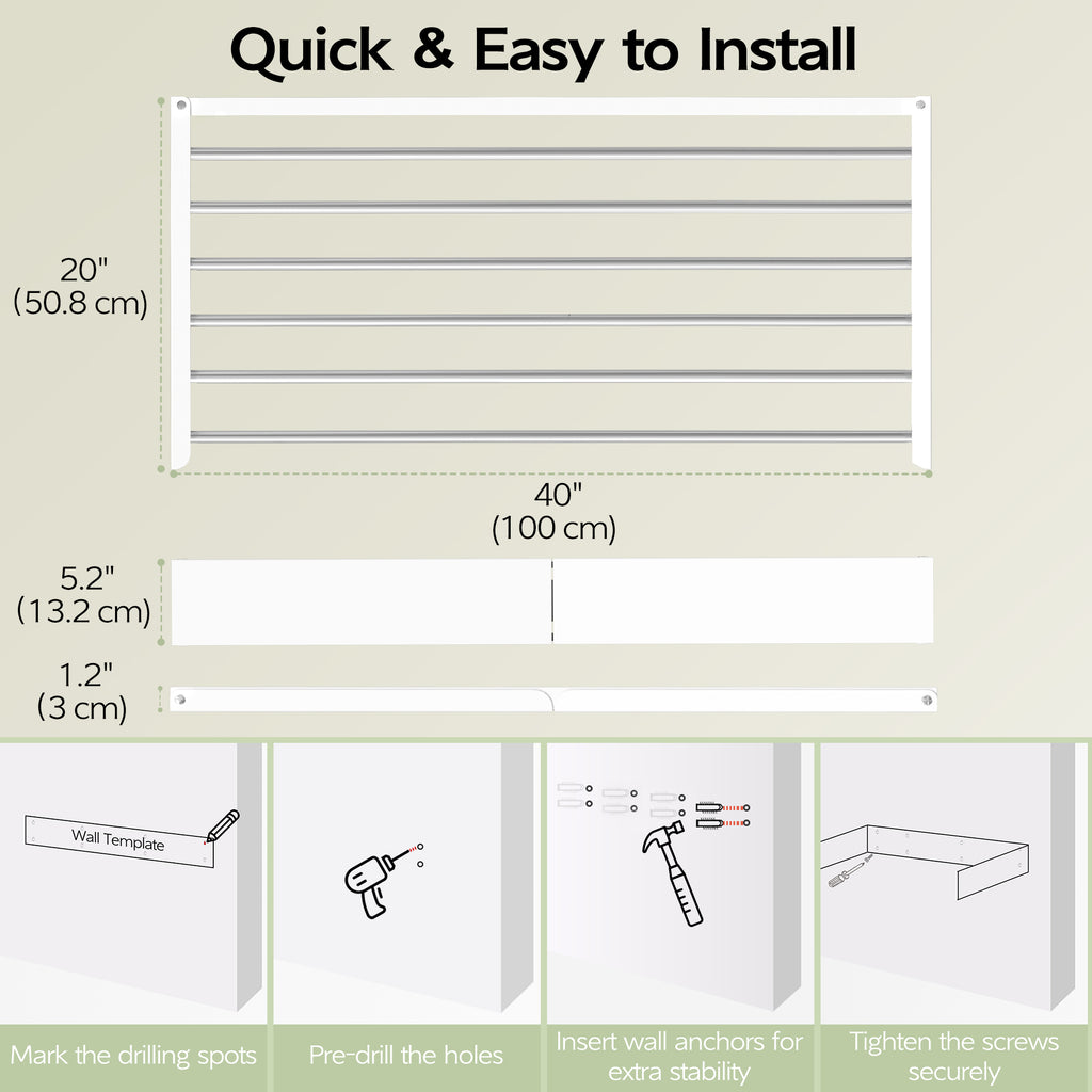 Wall Mounted Clothes Drying Rack 40 inches, Foldable Wall Mount Laundry Rack Folding Indoor, Drying Rack Clothing Collapsible, Hidden Space Saver with Wall Template, 6 Rods, White
