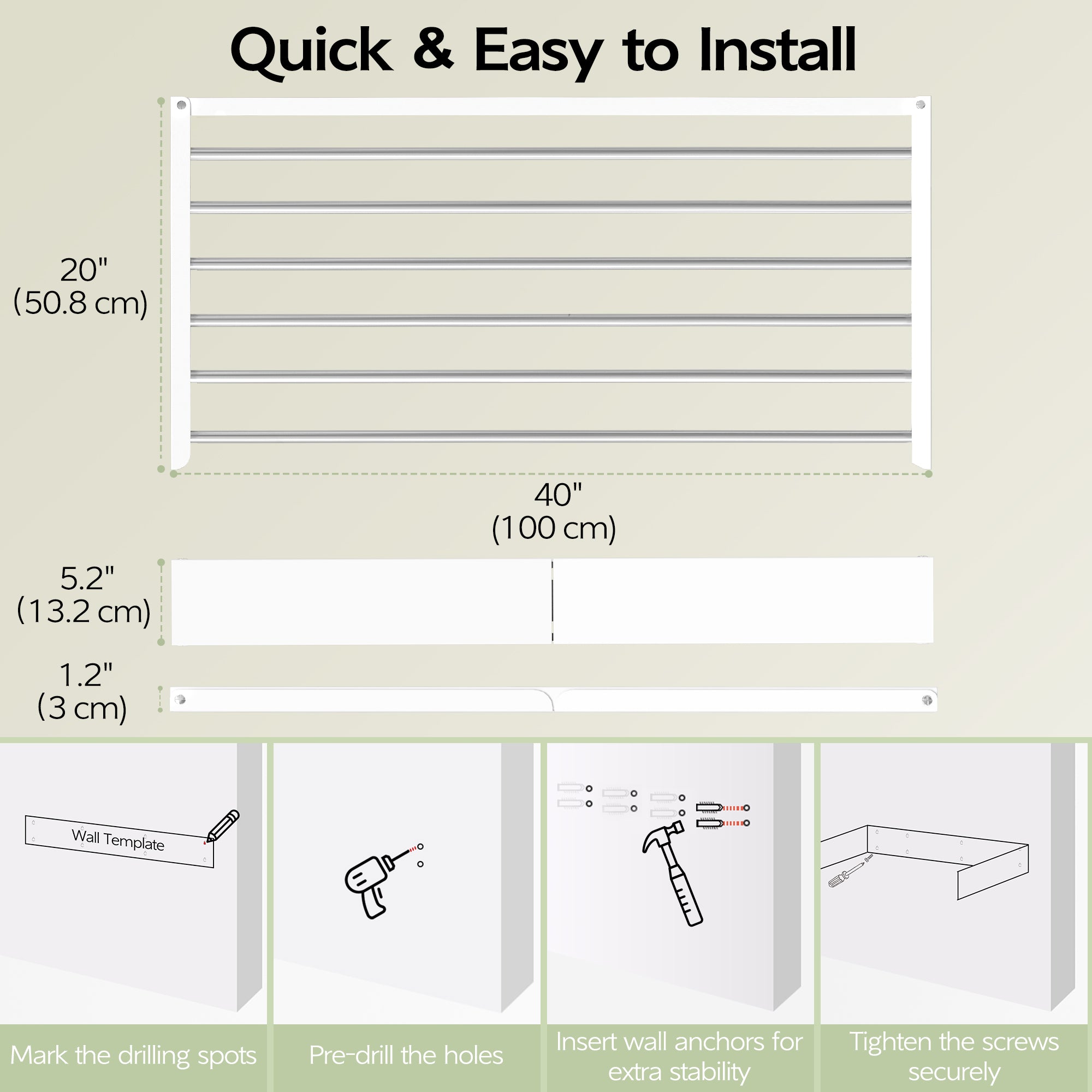 Wall Mounted Clothes Drying Rack 40 inches, Foldable Wall Mount Laundry Rack Folding Indoor, Drying Rack Clothing Collapsible, Hidden Space Saver with Wall Template, 6 Rods, White