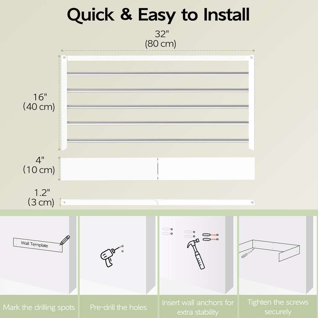 Wall Mounted Clothes Drying Rack 32", Foldable Wall Mount Laundry Rack Folding Indoor, Drying Rack Clothing Collapsible, Hidden Space Saver with Wall Template, 5 Rods, White