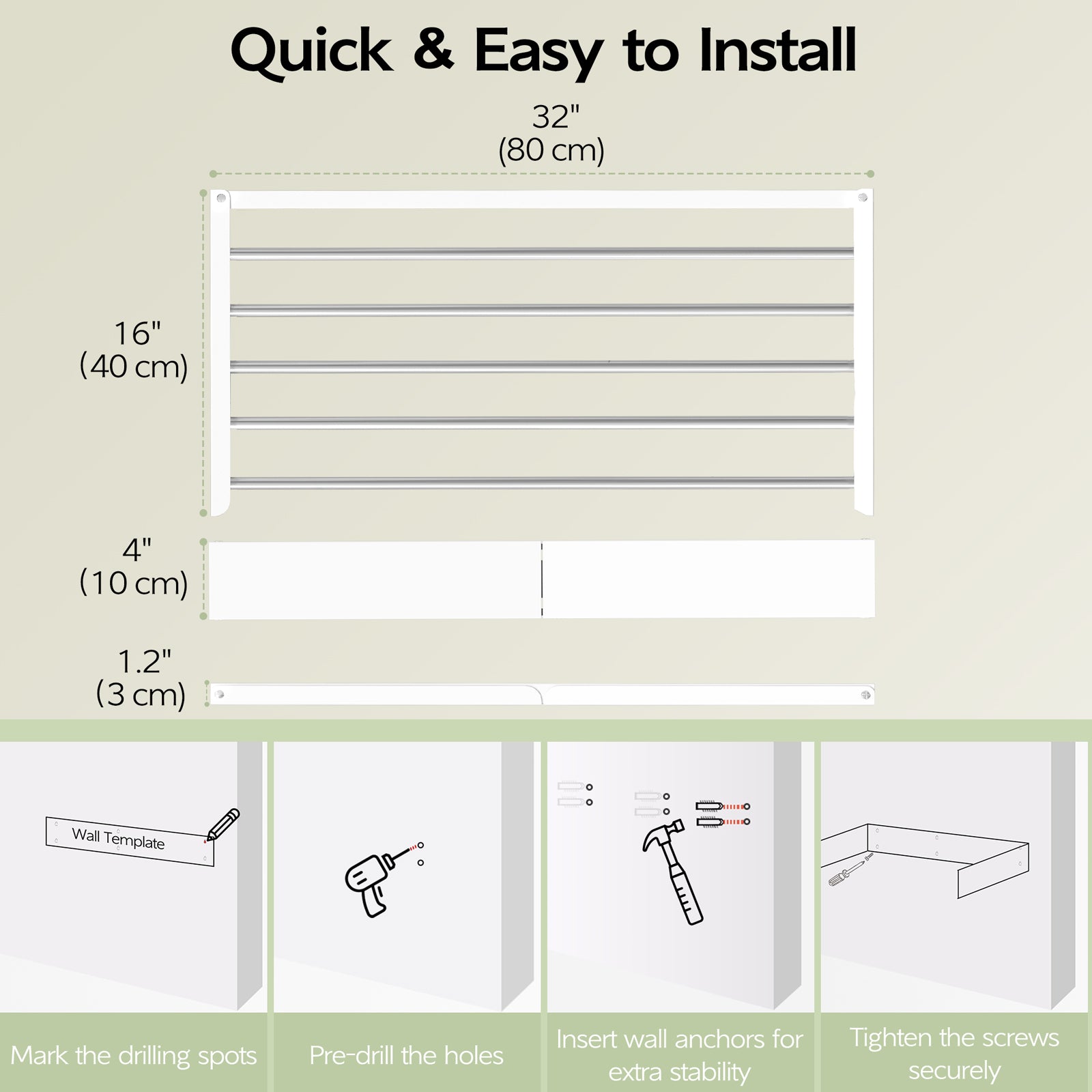 Wall Mounted Clothes Drying Rack 32", Foldable Wall Mount Laundry Rack Folding Indoor, Drying Rack Clothing Collapsible, Hidden Space Saver with Wall Template, 5 Rods, White