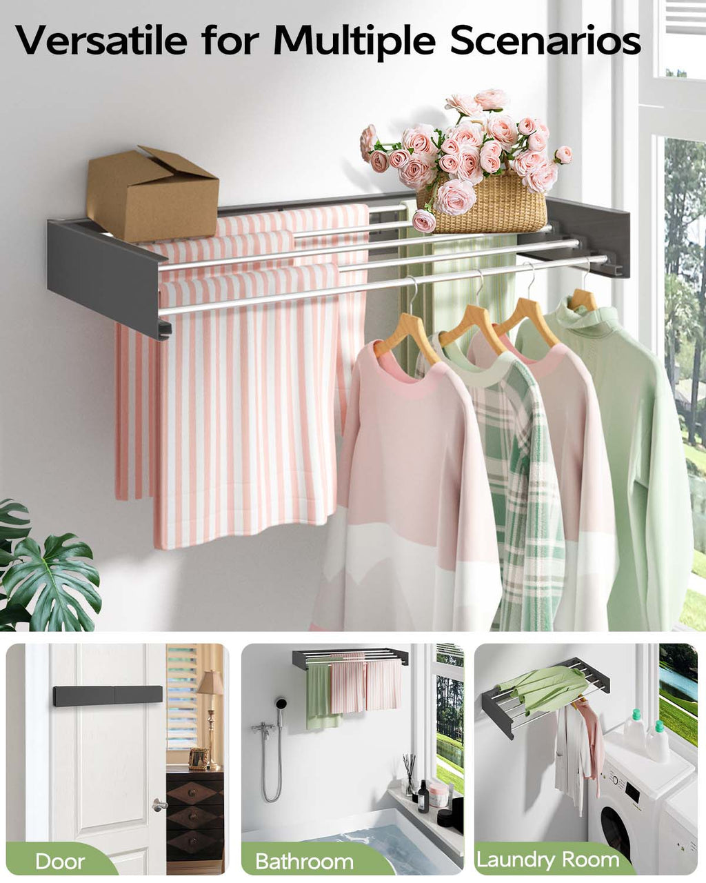 Wall Mounted Clothes Drying Rack 32", Foldable Wall Mount Laundry Rack Folding Indoor, Drying Rack Clothing Collapsible, Hidden Space Saver with Wall Template, 5 Rods, Black