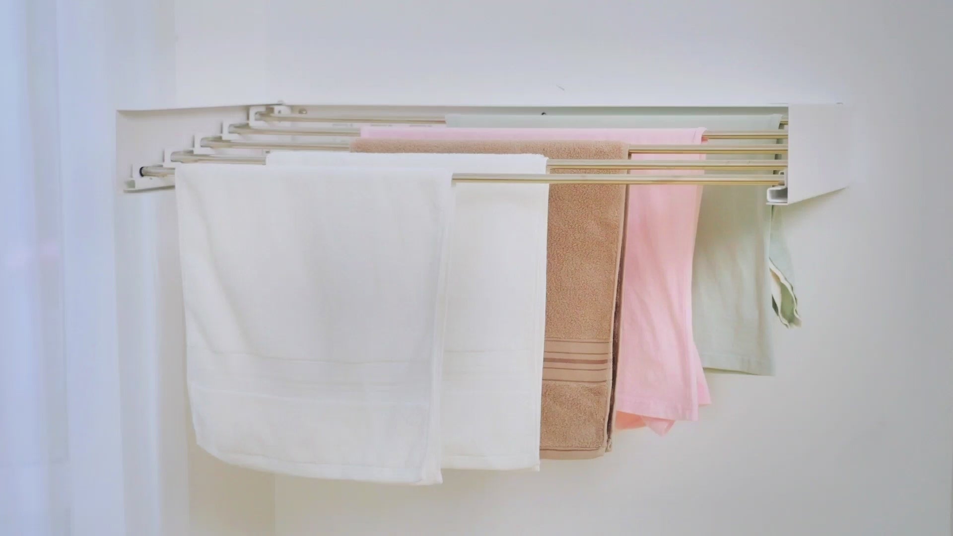 Wall Mounted Clothes Drying Rack 40 inches, Foldable Wall Mount Laundry Rack Folding Indoor, Drying Rack Clothing Collapsible, Hidden Space Saver with Wall Template, 6 Rods, White